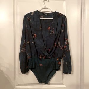 Zara Dark Green Floral Print Plunge Neck Bodysuit